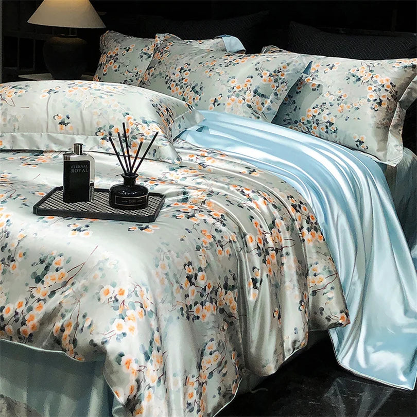 Floral Silk Bedding Set with Duvet Cover Bed Sheet Pillowcase Luxury Couple Single Double King Queen Soft Bedsheet Nordic Smooth