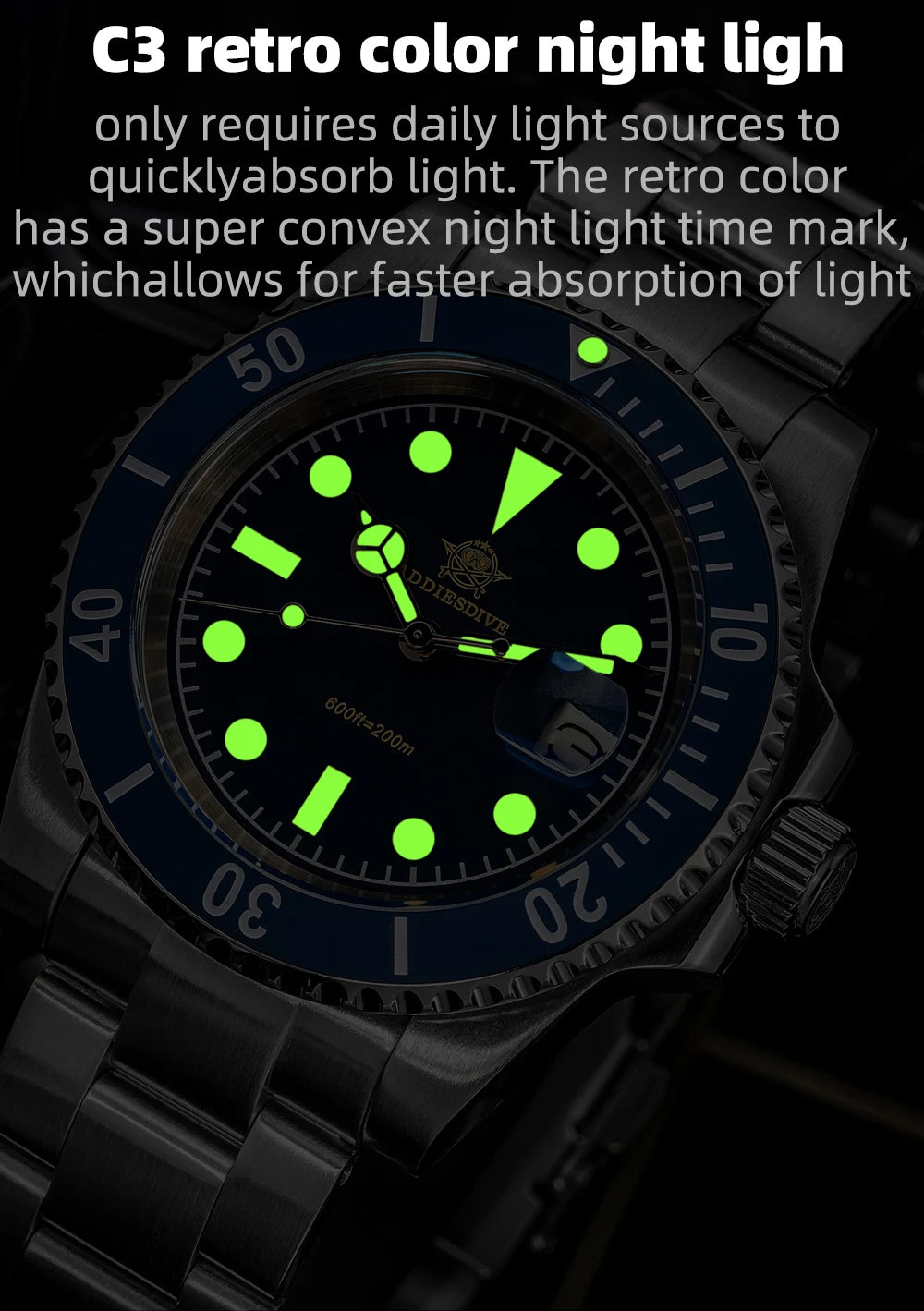 ADDIESDIVE Luxury Men's Quartz Watch BGW9 Luminous Ceramic Bezel Bubble Mirror Glass Diver's Watch 200m Analog Watches AD2054