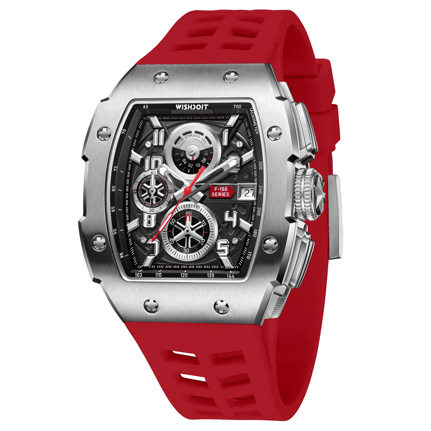 WISHDOIT NH35 Men's Chronograph Luxury Tonneau Design Features with Calendar Date Glowing 50m Depth Waterproof FKM Rubber Strap