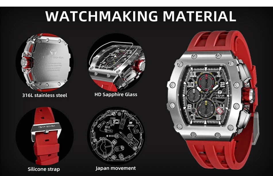 TSAR BOMBA Watch for Men Top Brand Luxury Waterproof Quartz Wristwatch Tonneau Clock Gift Chronograph Rectangle Mens Watch