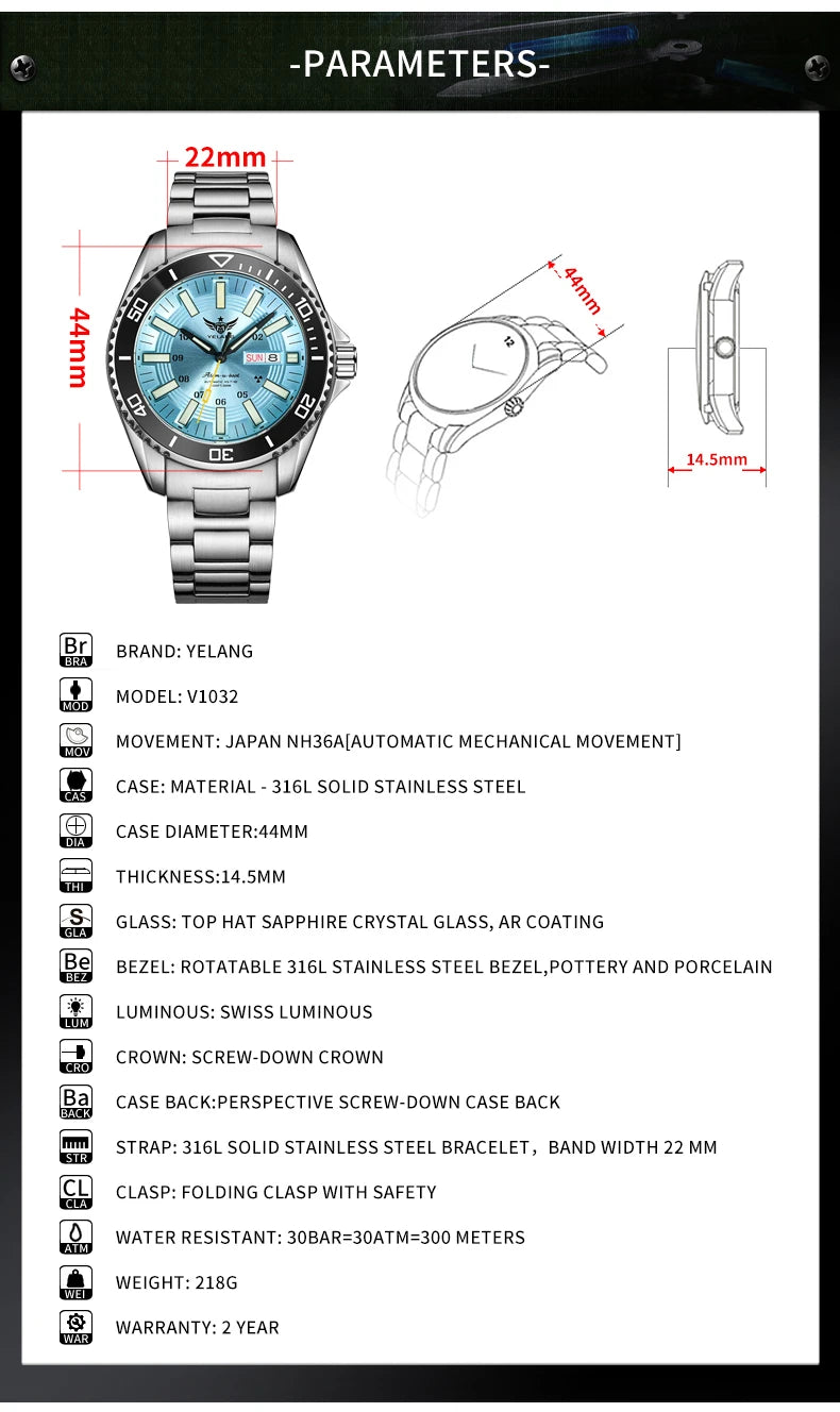 YELANG Automatic Mens Green Water Ghost Watches H3 T100 Self Luminous Wristwatch Waterproof 300m Turning Ceramic Bezel V1032