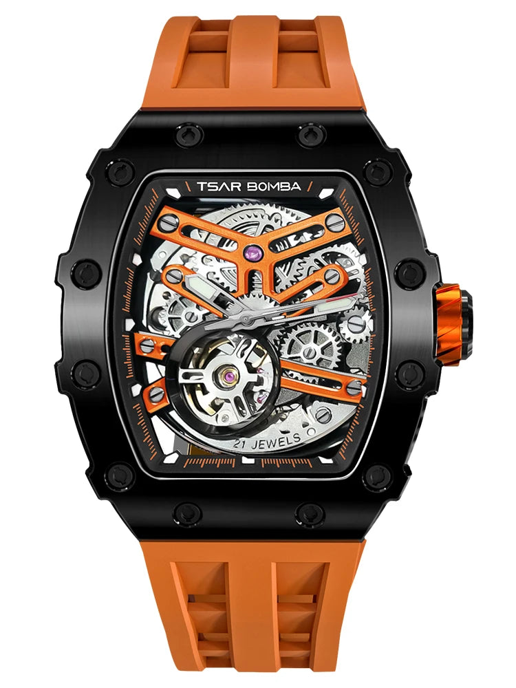 TSAR BOMBA Automatic Watch for Men Waterproof Watch Tonneau Stainless steel Mechanical Wristwatch Silicone Strap Luxury Gift
