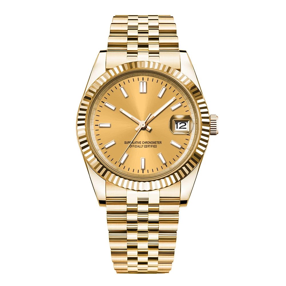 Uhr mit individuellem Logo, NH35-Uhrwerk, 36 mm/39 mm, Damen-/Herrenuhr, Saphirglas, Gold, mechanische Armbanduhr, 100 m wasserdicht, reloj hombre