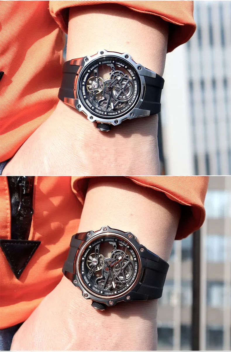 MEGIR Skeleton Dial Automatic Mechanical Watch Men Stainless Steel Case Waterproof Luminous Sport Wristwatch with Silicone Strap