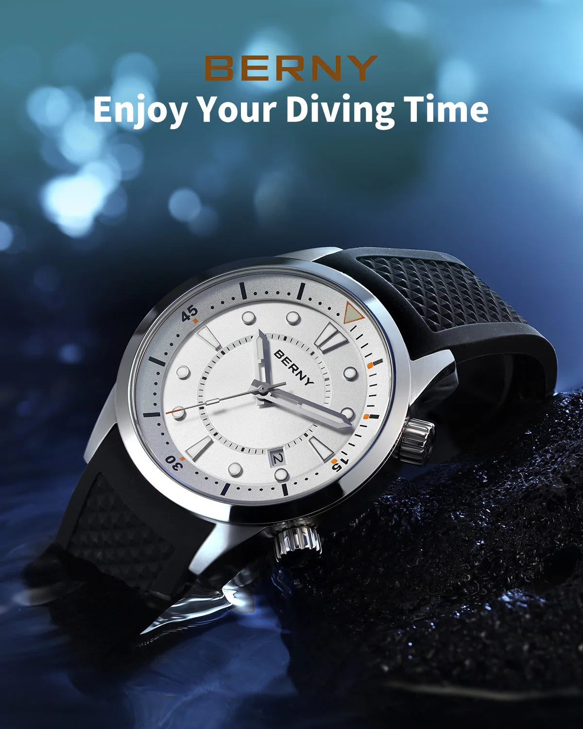 BERNY Automatic Diver Men Watch 200M Waterproof Miyota 8215 Sappire AR Coated Silicone Sports Swim Wristwatch Men's Diver Watch