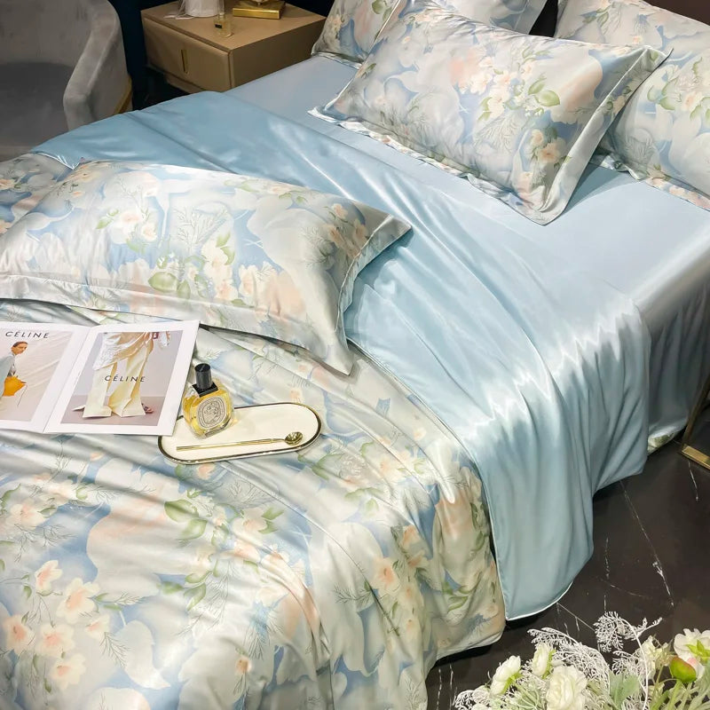 Floral Silk Bedding Set with Duvet Cover Bed Sheet Pillowcase Luxury Couple Single Double King Queen Soft Bedsheet Nordic Smooth