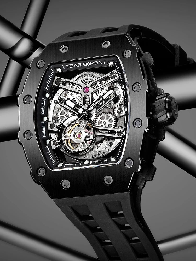 TSAR BOMBA Automatic Watch for Men Waterproof Watch Tonneau Stainless steel Mechanical Wristwatch Silicone Strap Luxury Gift