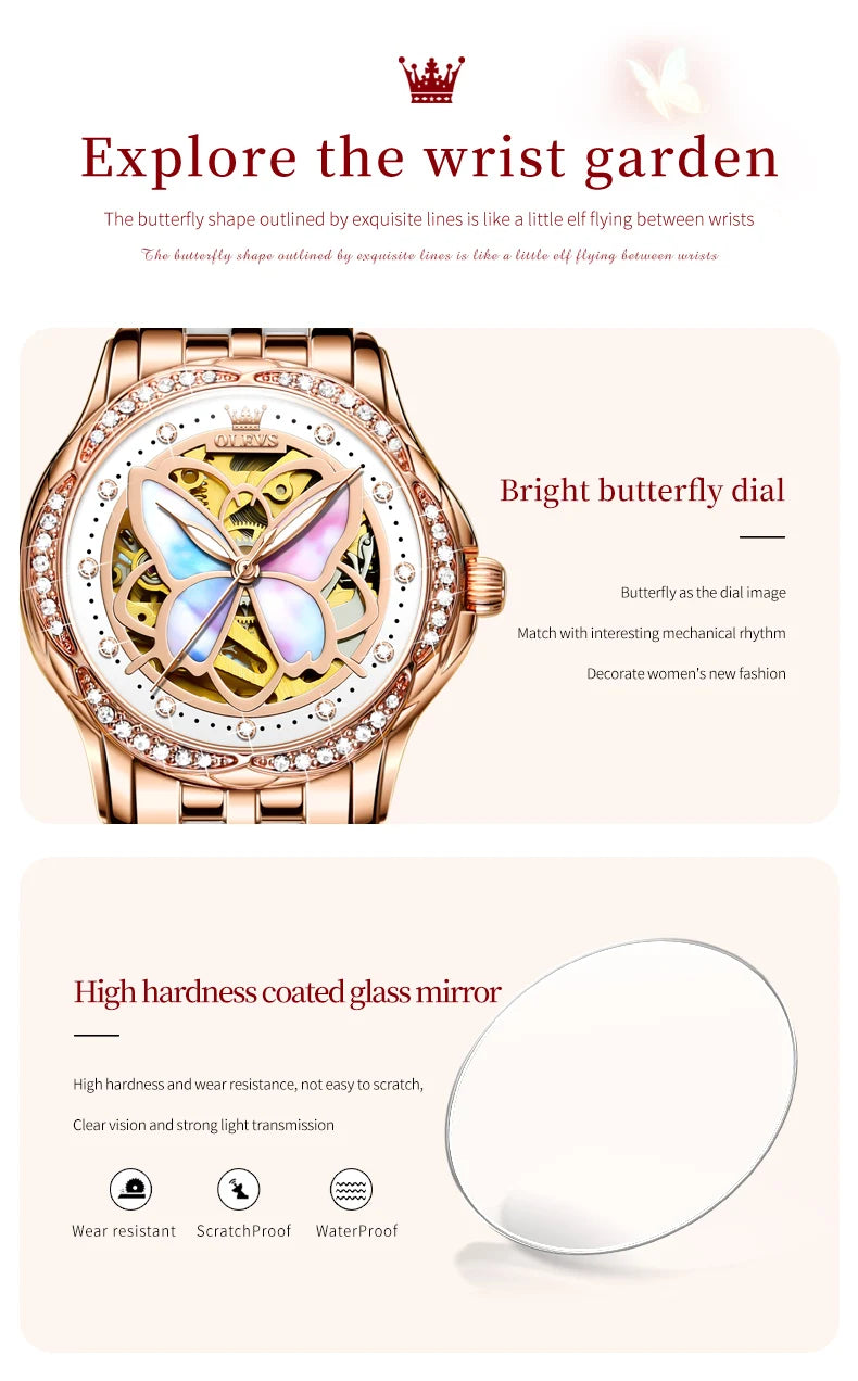 OLEVS 6615 Womens Watch Original Bezel Ceramic Mechanical Automatic Wristwatch Waterproof Luminous Ladies Watch Butterfly Dial