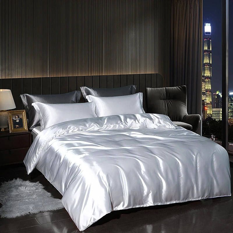 Luxury Satin  Bedding Set With Flat Sheet Duvet Cover High End Bedding Set  High Density Satin  Solid Color Bedding