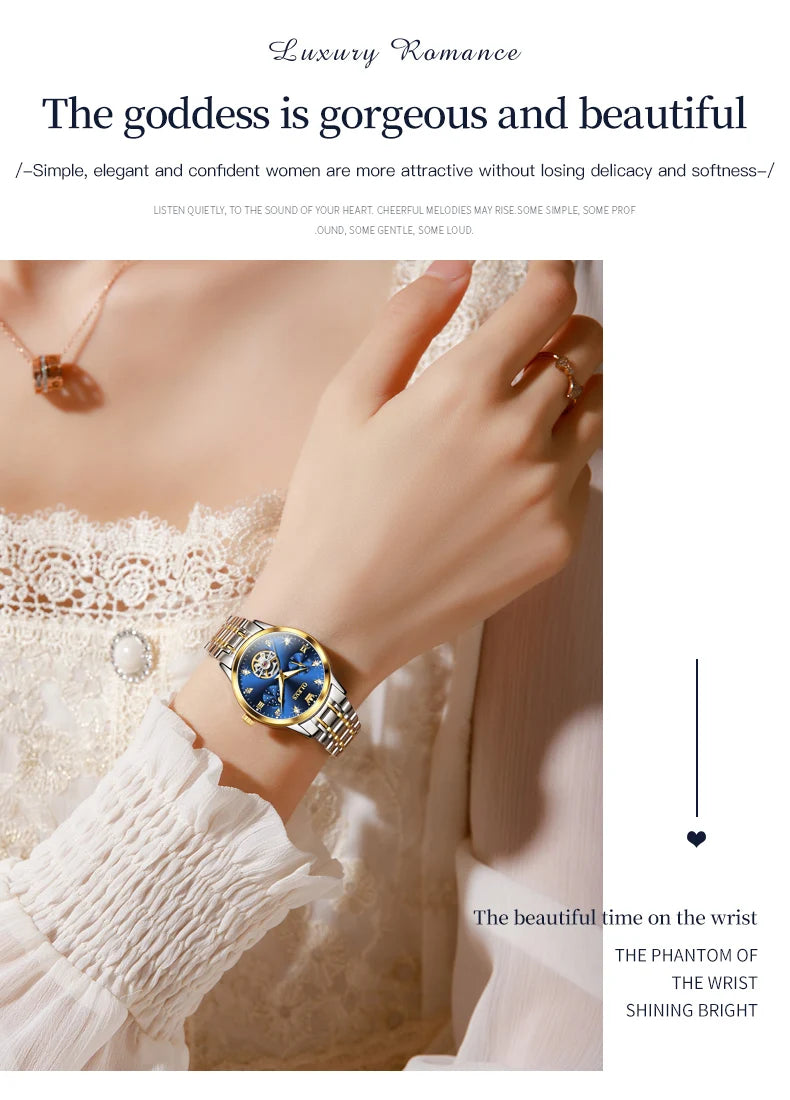 Montre femme OLEVS 6608, automatique, mécanique, étanche, en acier inoxydable, avec calendrier squelette.