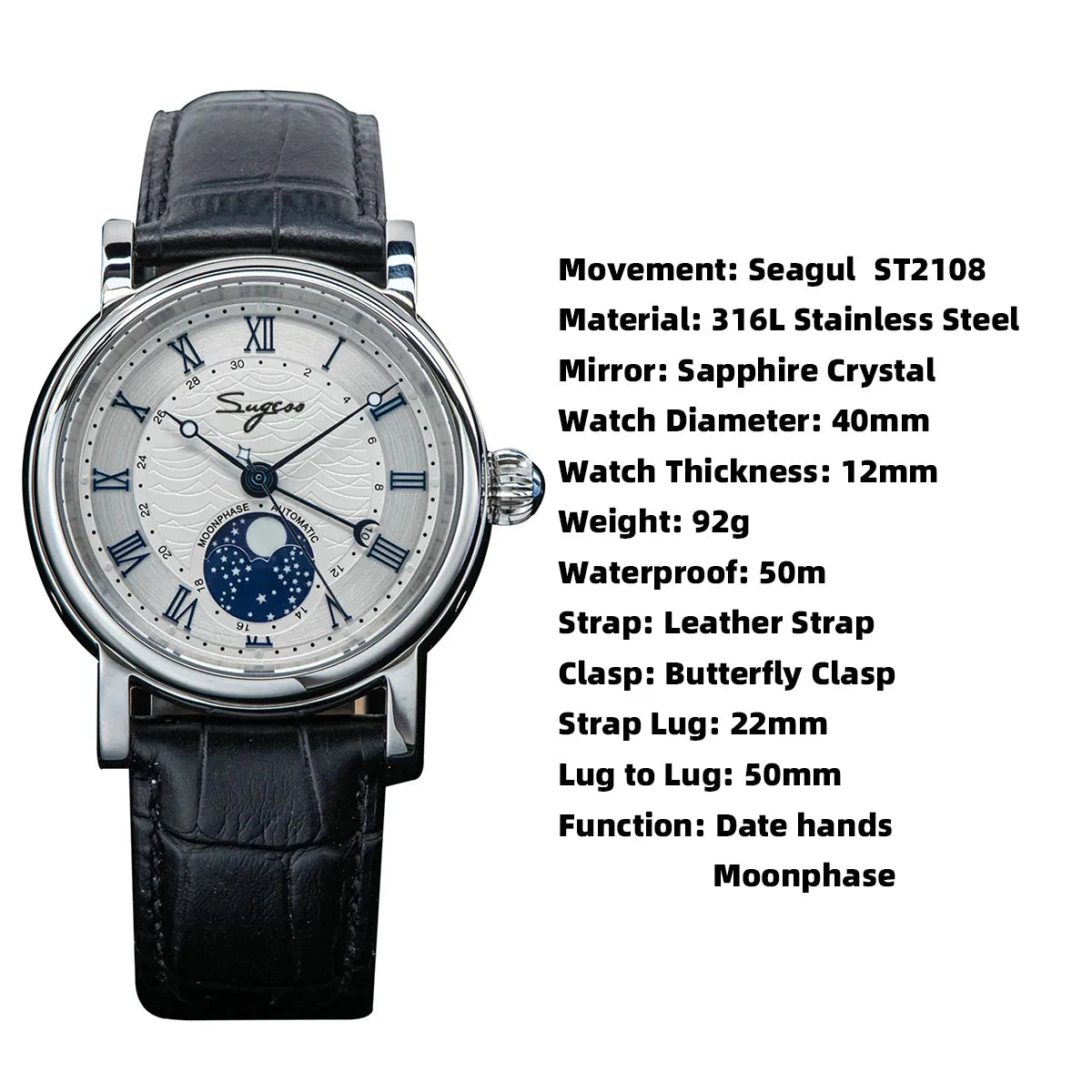 Sugess Watches for Men Automatic Mechanical Watch Moonphase Tianjin ST2108 Waterproof Date Hands Sapphire Crystal Rome Wave Dial