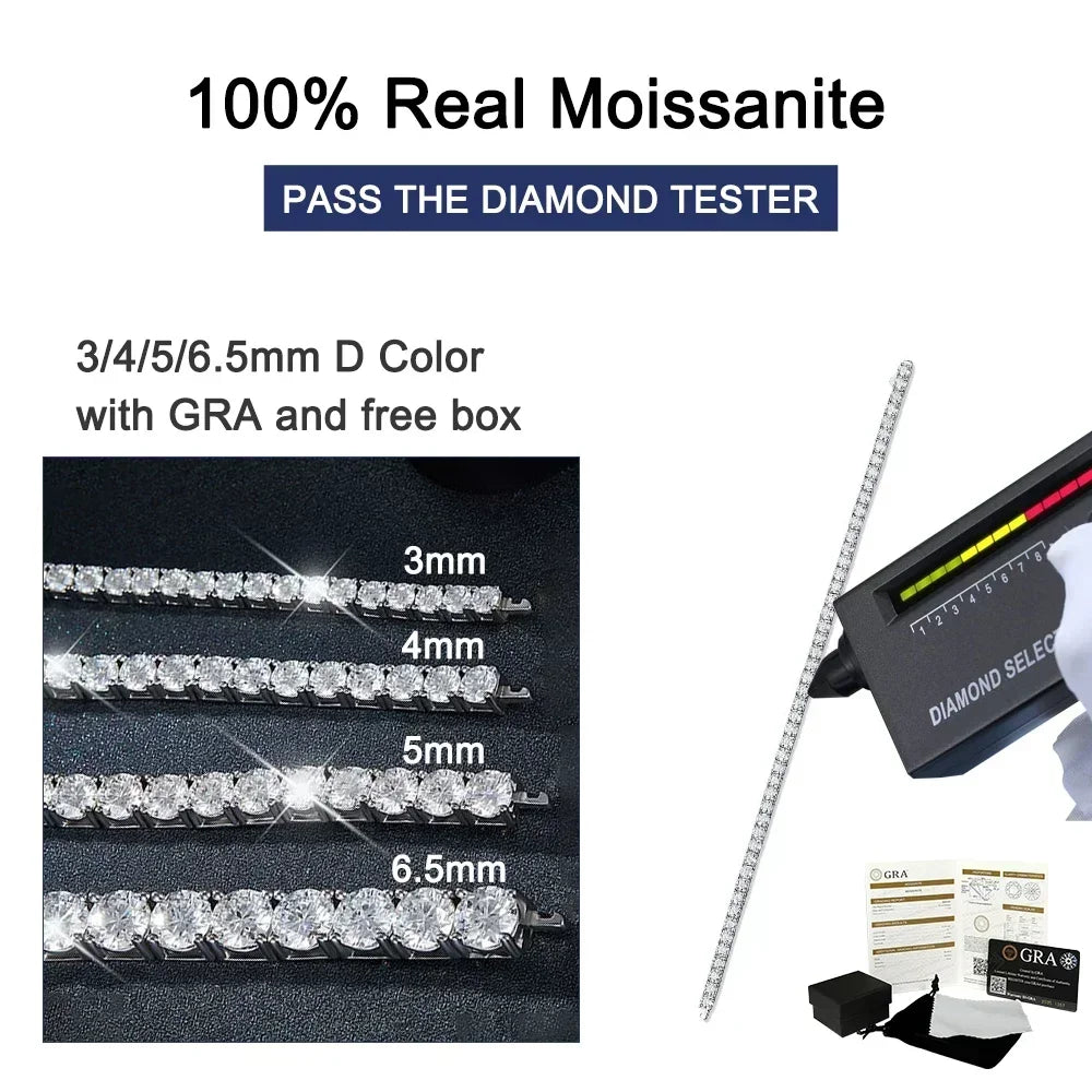 2-6.5mm Real Moissanite Tennis Bracelets for Women Man 925 Sterling Silver Plated White Gold Bracelet Sparkling Wedding Jewelry