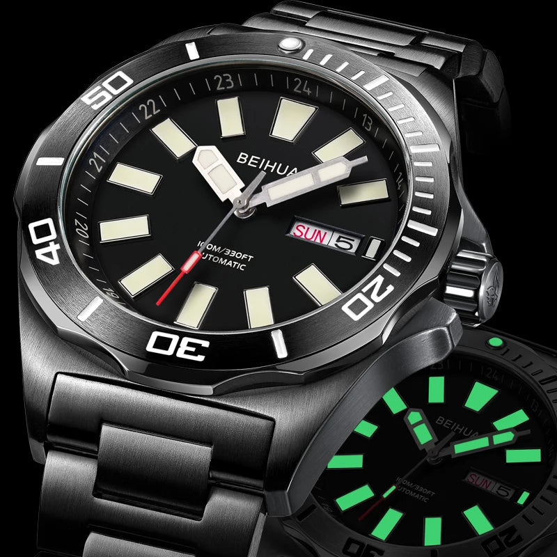 BEIHUA Men Automatic Watch Luminous Whole Night Super Bright C3 Japan TOP Mov't 24Jewels Day Date Sapphire  Luxury Gift Military