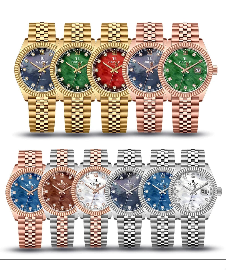 OBLVLO Men's Elegant Diamonds Bezel Two Tone Bracelet Quartz Watch with Date Fashion MOP Dial Business Watches for Men RX-PE-D