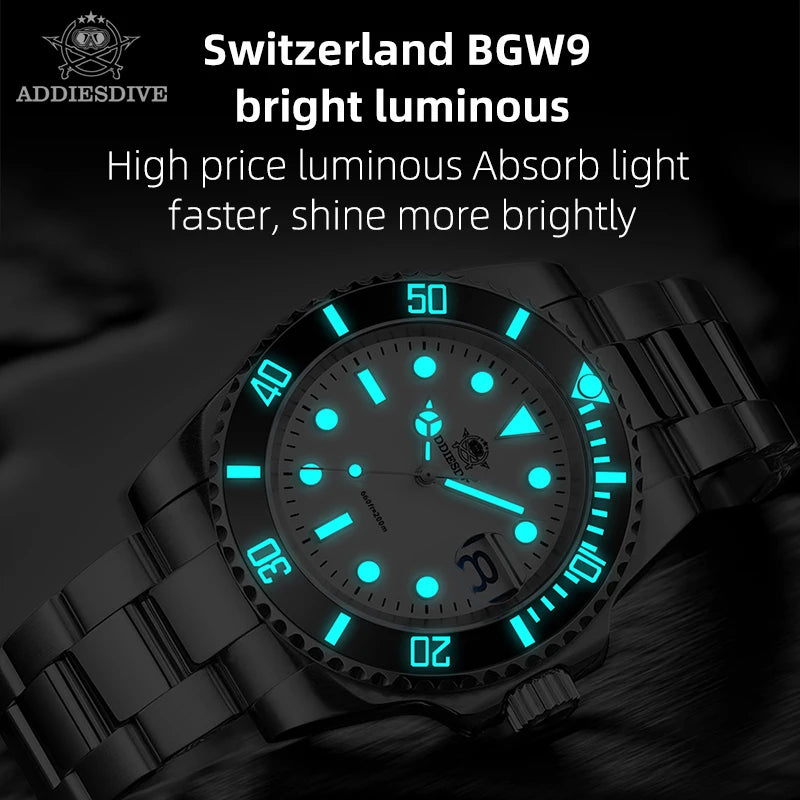 ADDIESDIVE High Quality Luxury Men Quartz Watch 20Bar BGW9 Super Luminous relógio masculino 316L Stainless Steel Dive WristWatch
