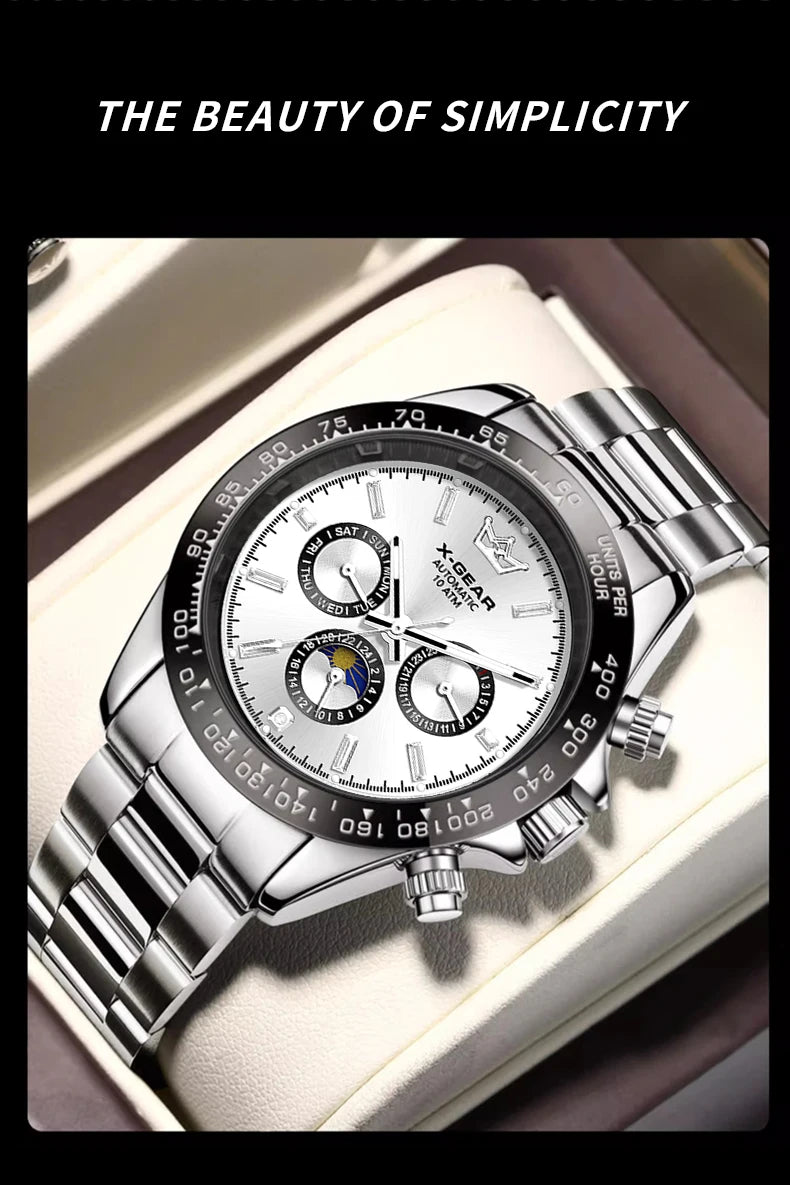 Montre mécanique automatique Panda Eye pour homme, lunette en céramique, trois cadrans, six aiguilles, étanche et lumineuse.