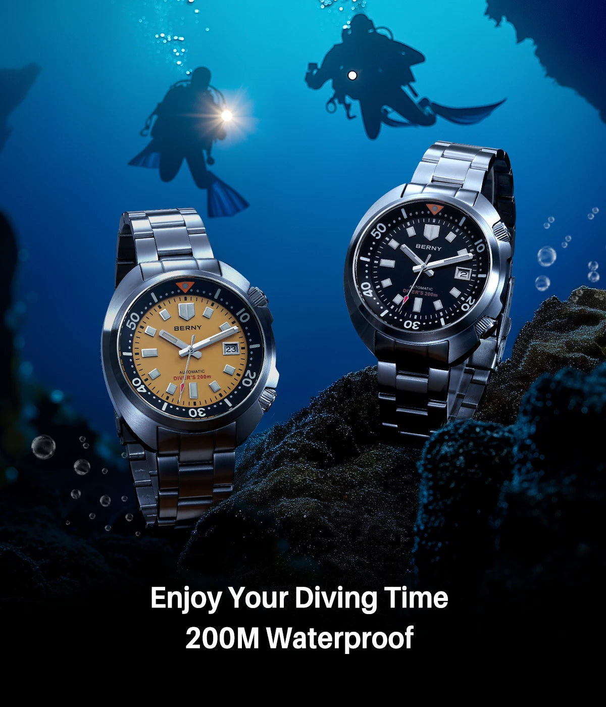 BERNY Automatic Compressor Diver Watch for Men Super Luminous Miyota 8215 Sapphire Swim Sport 20ATM Mechanical Men's Dive Watch