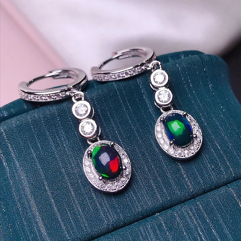 MeiBaPJ 5*7 Natural Black Opal Gemstone England Ear Drop Earrings for Women Real 925 Sterling Silver Charm Fine Wedding Jewelry