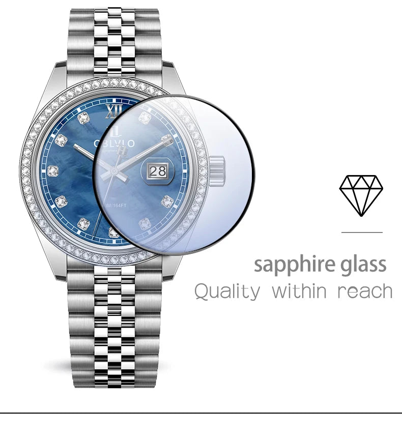 OBLVLO Men's Elegant Diamonds Bezel Two Tone Bracelet Quartz Watch with Date Fashion MOP Dial Business Watches for Men RX-PE-D