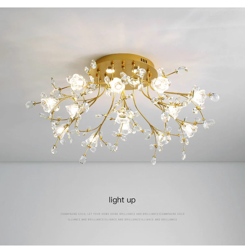 Luxury Crystal Flower Ceiling Light Gold LED Branch Tree Chandelier For Living Room Bedroom Villa Hotel Decor Bedside Wall Lamp