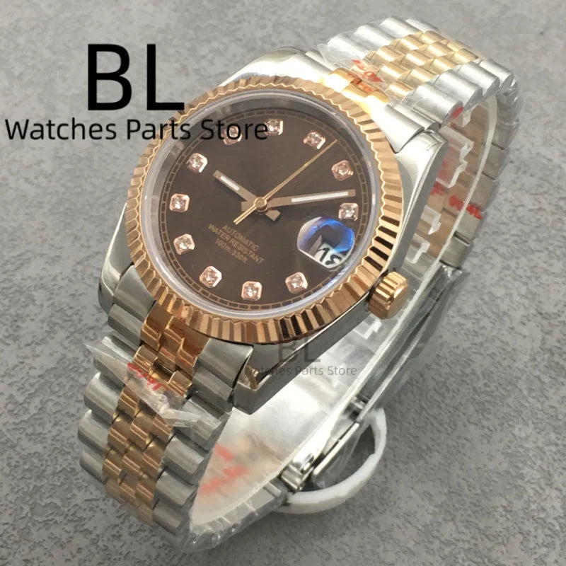 BLIGER Luxury Brown Dial Diamond Time Marks Watches For Men 36mm39mm Two Tone Rose Gold NH35 Movement Sapphire Glass Waterproof