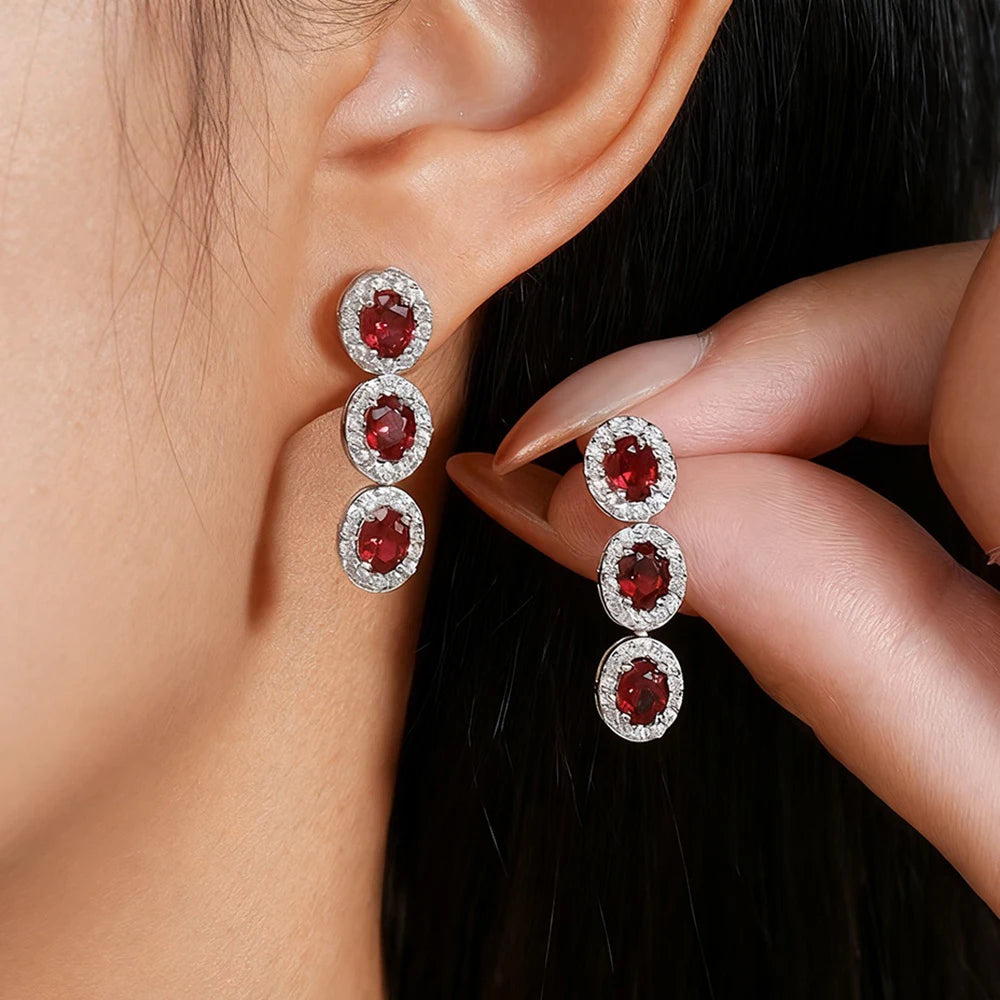 TEMGF 4*6mm Oval Cut Ruby Gemstone Drop Earrings S925 Sterling Silver Tassels Ear Studs for Women Fashion Luxury Fine Jewelry