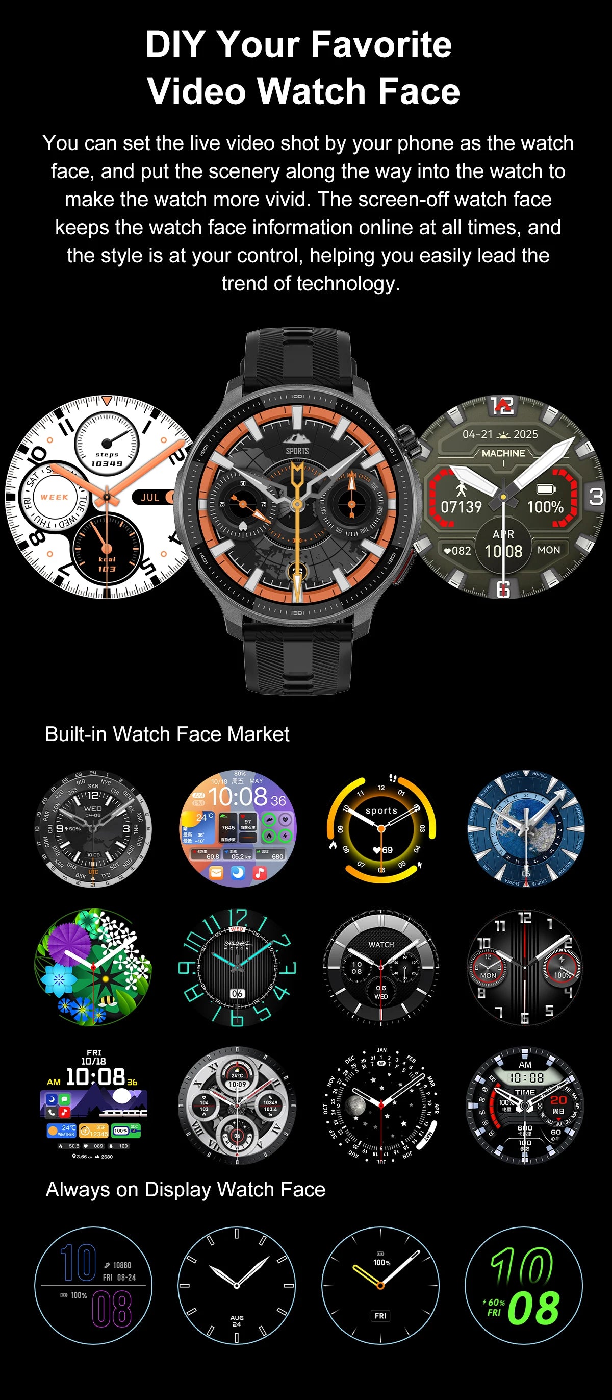 Smart watch Men4GB Memory With GPS Offline Maps Music Video Player Custom dial AMOLED display Sports Swim Waterproof Smart watch