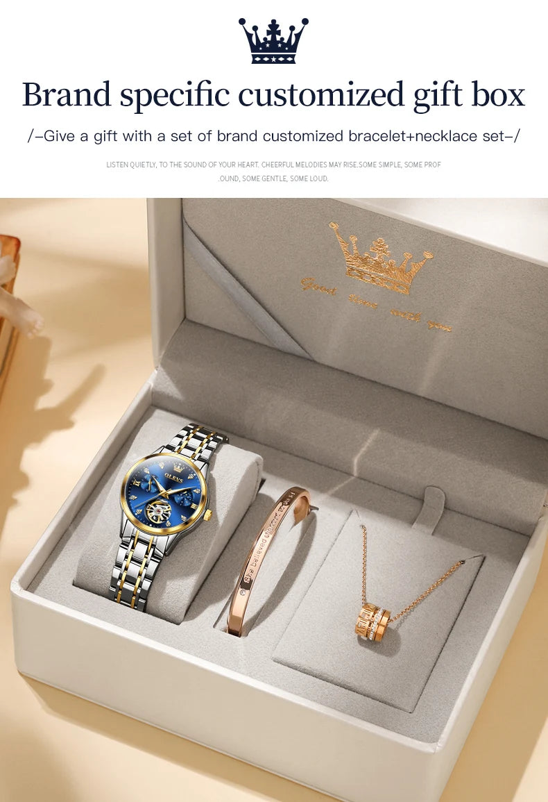 Montre femme OLEVS 6608, automatique, mécanique, étanche, en acier inoxydable, avec calendrier squelette.