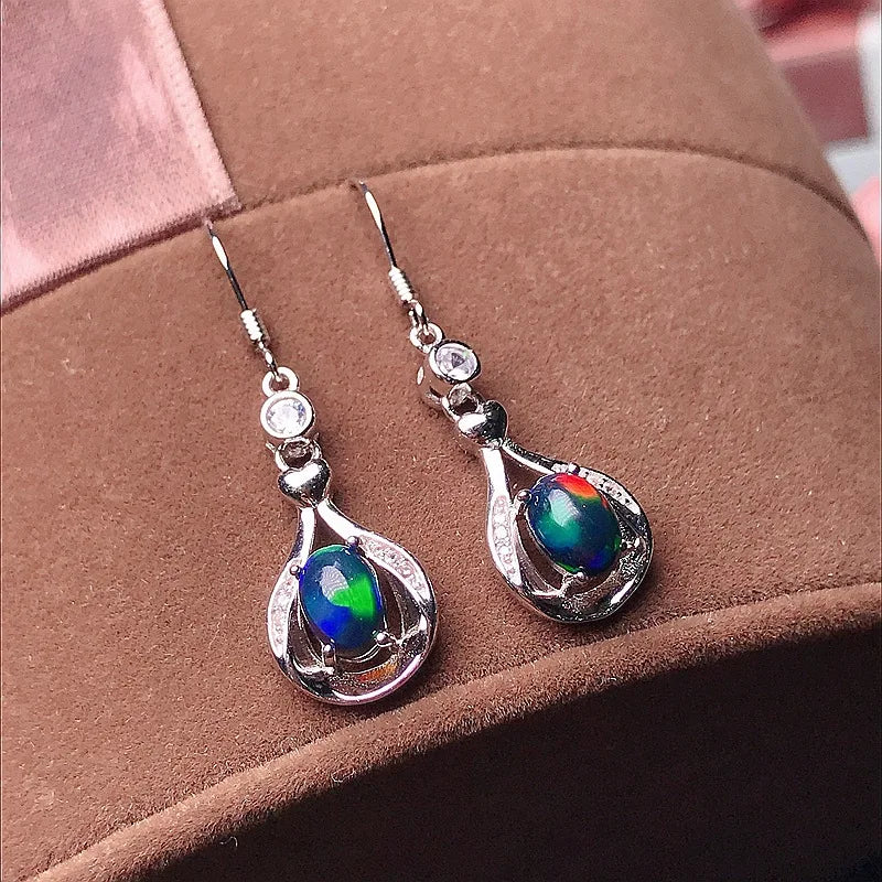 MeiBaPJ 5*7 Natural Black Opal Gemstone England Ear Drop Earrings for Women Real 925 Sterling Silver Charm Fine Wedding Jewelry