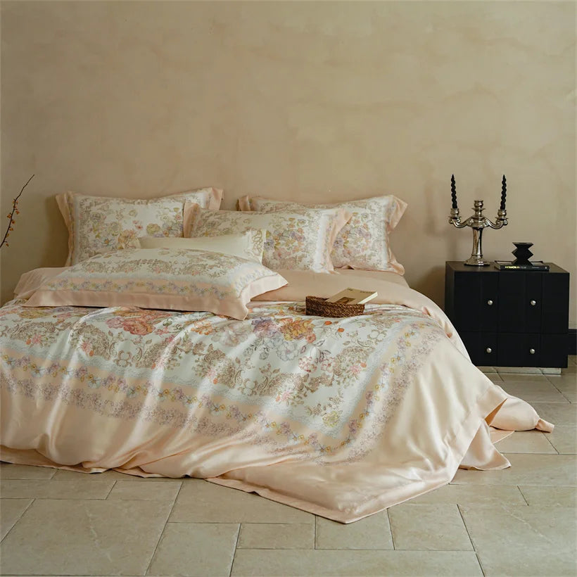 Luxury 22mm Mulberry Silk Bedding Set Romantic Floral Duvet Cover Pillowcases Bed Sheet Set Luxury Bed Linen King Queen Size