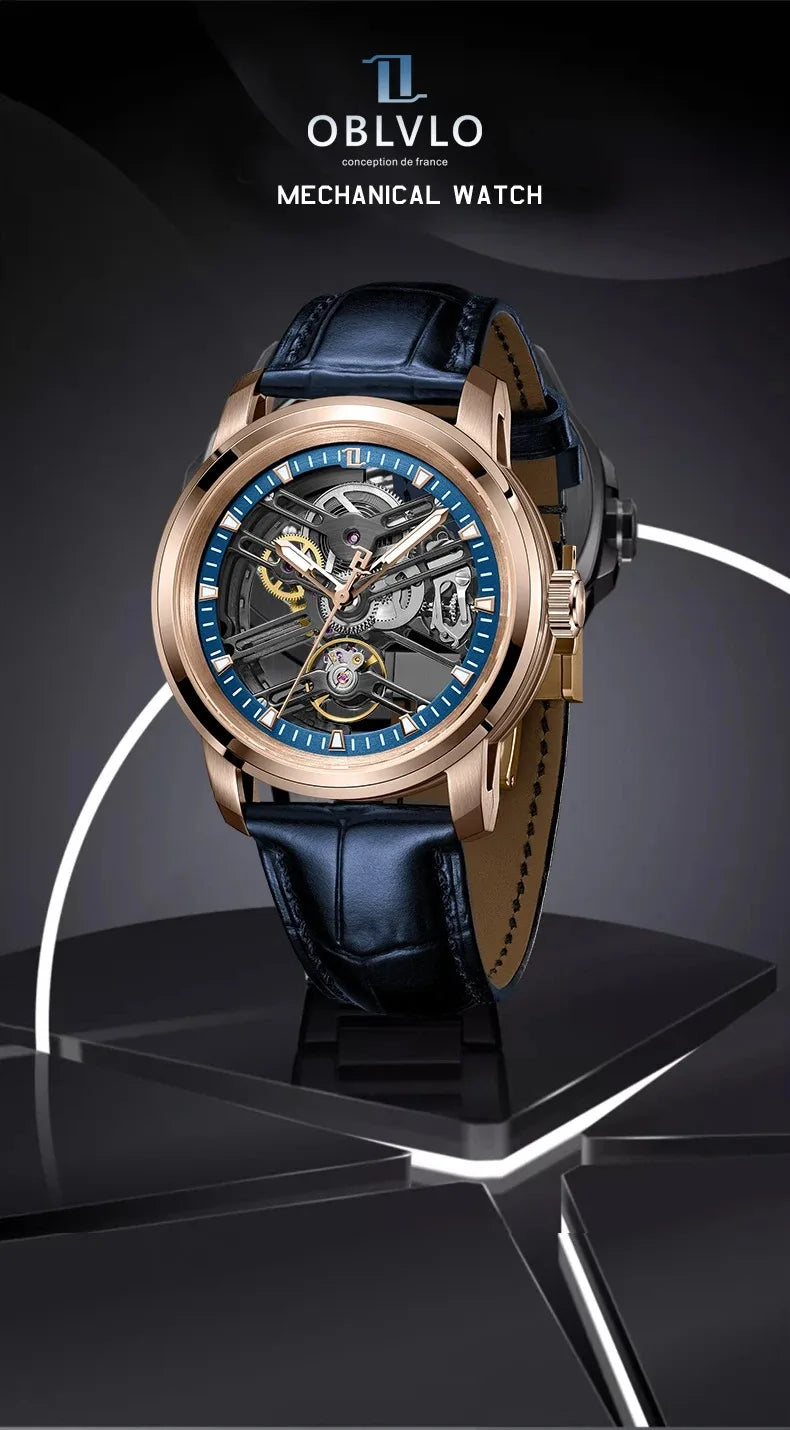 OBLVLO Men Automatic Watch 42MM Fashion Watches Mechanical Wristwatch 5AMT Waterproof Sapphire Luminous Skeleton Dial