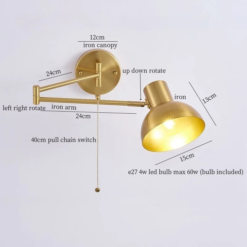 IWHD Golden Iron Art LED Wall Lights For Bedroom Kitchen Living Room Loft Mirror Bedside Lamp Swing Long Arm Lampade Da Parete