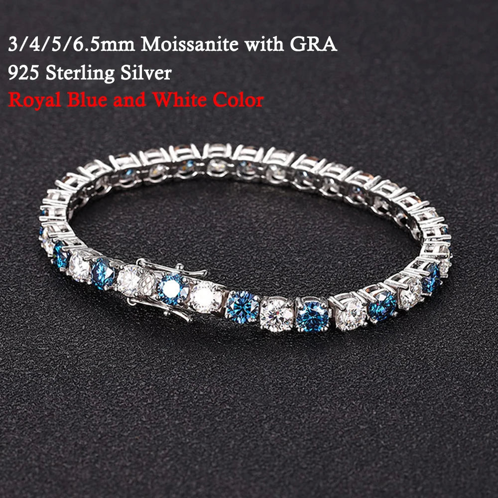 3/4/5/6.5MM Full Royal Blue Moissanite Tennis Bracelet for Women Men Original 925 Sterling Silver Wedding Party Jewelry with GRA