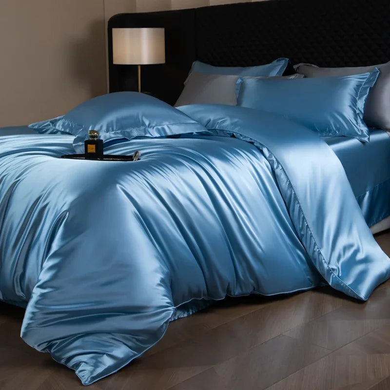 Silk Bed Sheets Set Luxury Bedding Set with Duvet Cover Fitted/Flat Bedheet Pillowcases Mixed with Rayon King Queen Full Twin