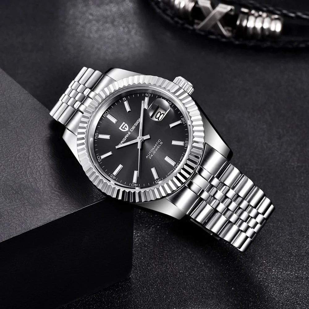 Montre homme PAGANI DESIGN Business Machinery Automatique en acier inoxydable, étanche, affichage lumineux du calendrier, coffret cadeau inclus