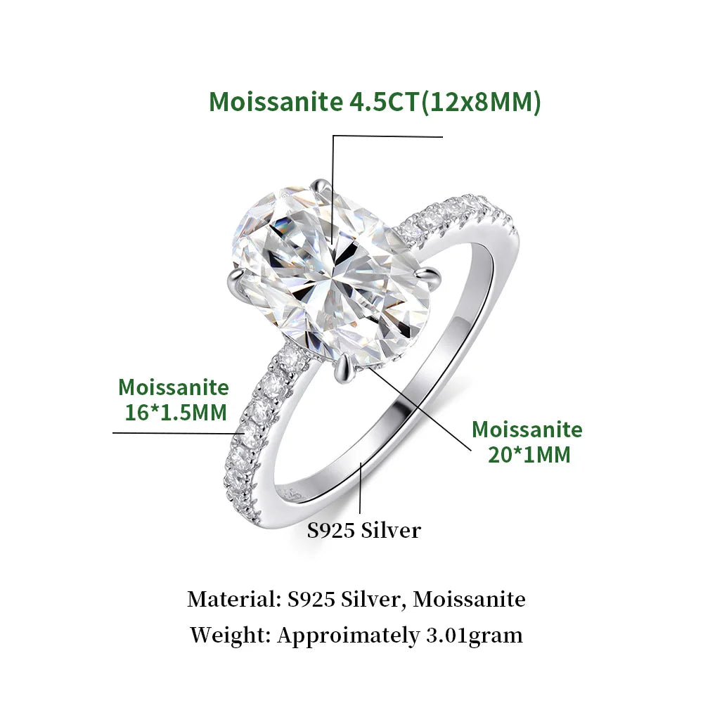 4.5CT Oval Cut Full Moissanite Engagement Ring for Women S925 Silver Plated 18K Gold Hidden Halo Diamond Wedding Band JewelryGRA
