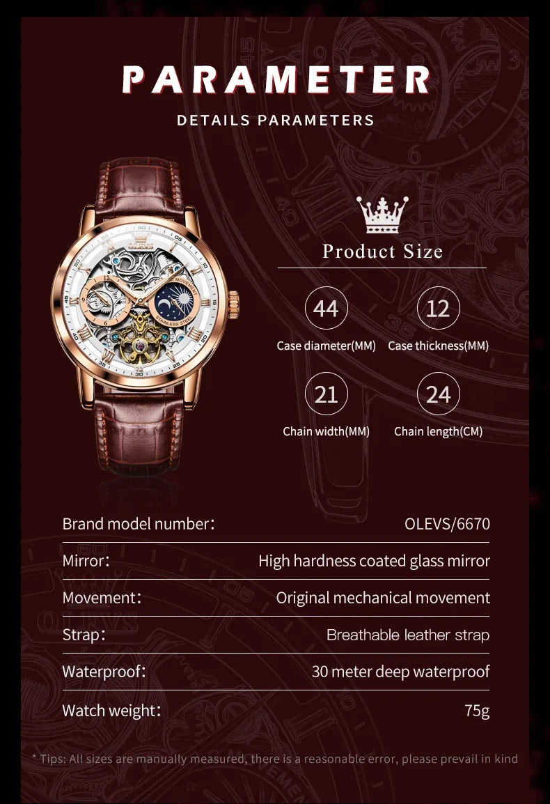 OLEVS 6670 Mechanical Fashion Watch Genuine Leather Watchband Round-dial Moon Phase Month Display
