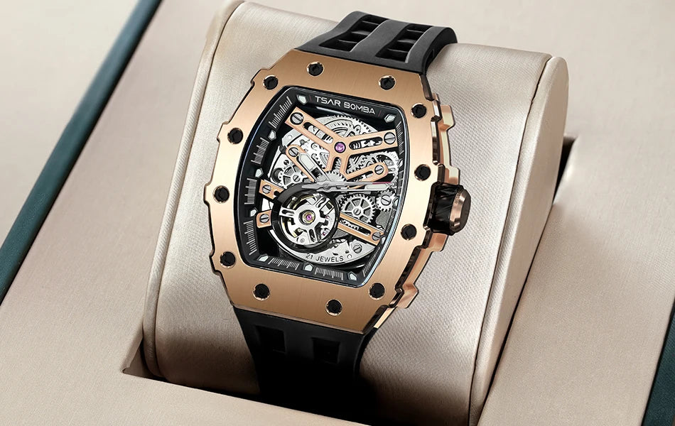 TSAR BOMBA Automatic Watch for Men Waterproof Watch Tonneau Stainless steel Mechanical Wristwatch Silicone Strap Luxury Gift