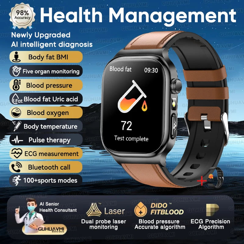 2025 New AI Human Health diagnosis ECG+HRV Smart Watch Blood Pressure Uric acid Blood lipid Bluetooth Call Smartwatch Men Women