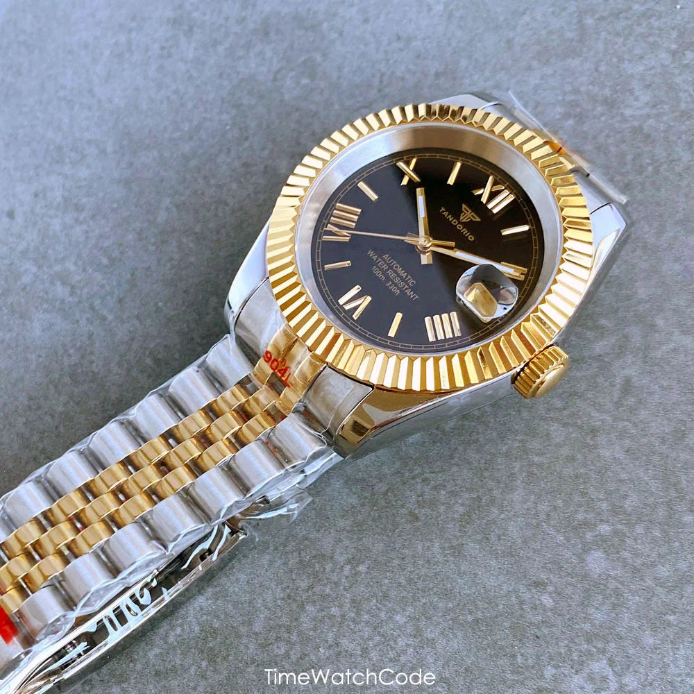 Montre automatique de luxe Tandorio Business pour homme, mouvement NH35A, cadran classique à chiffres romains, lunette cannelée, verre saphir, 36/39 mm