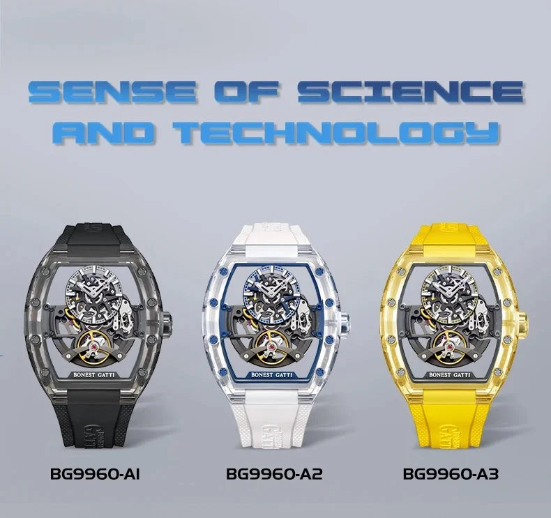 BONEST GATTI 2025 New Men Automatic Watch Tonneau Mechanical Wristwatch Acylic Case Sapphire Lume Hollow Out Dial Fluororubber
