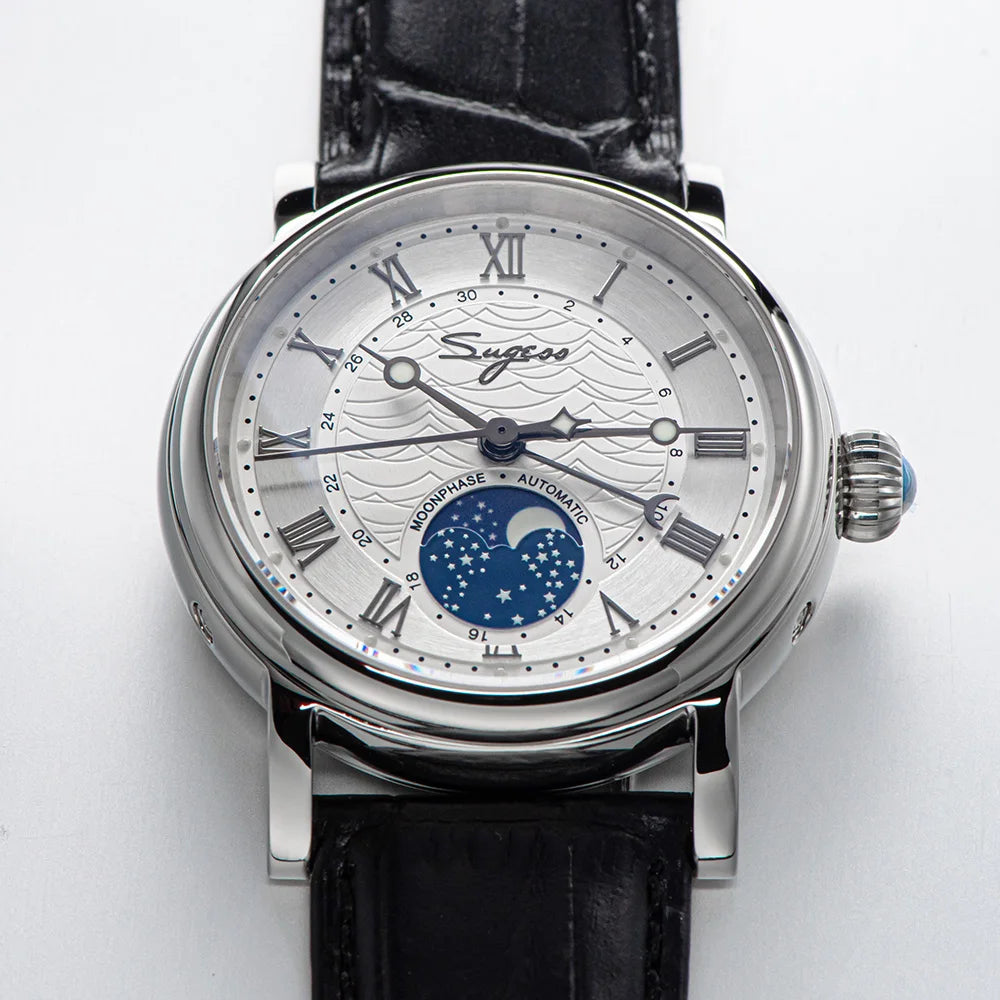 Sugess Watches for Men Automatic Mechanical Watch Moonphase Tianjin ST2108 Waterproof Date Hands Sapphire Crystal Rome Wave Dial