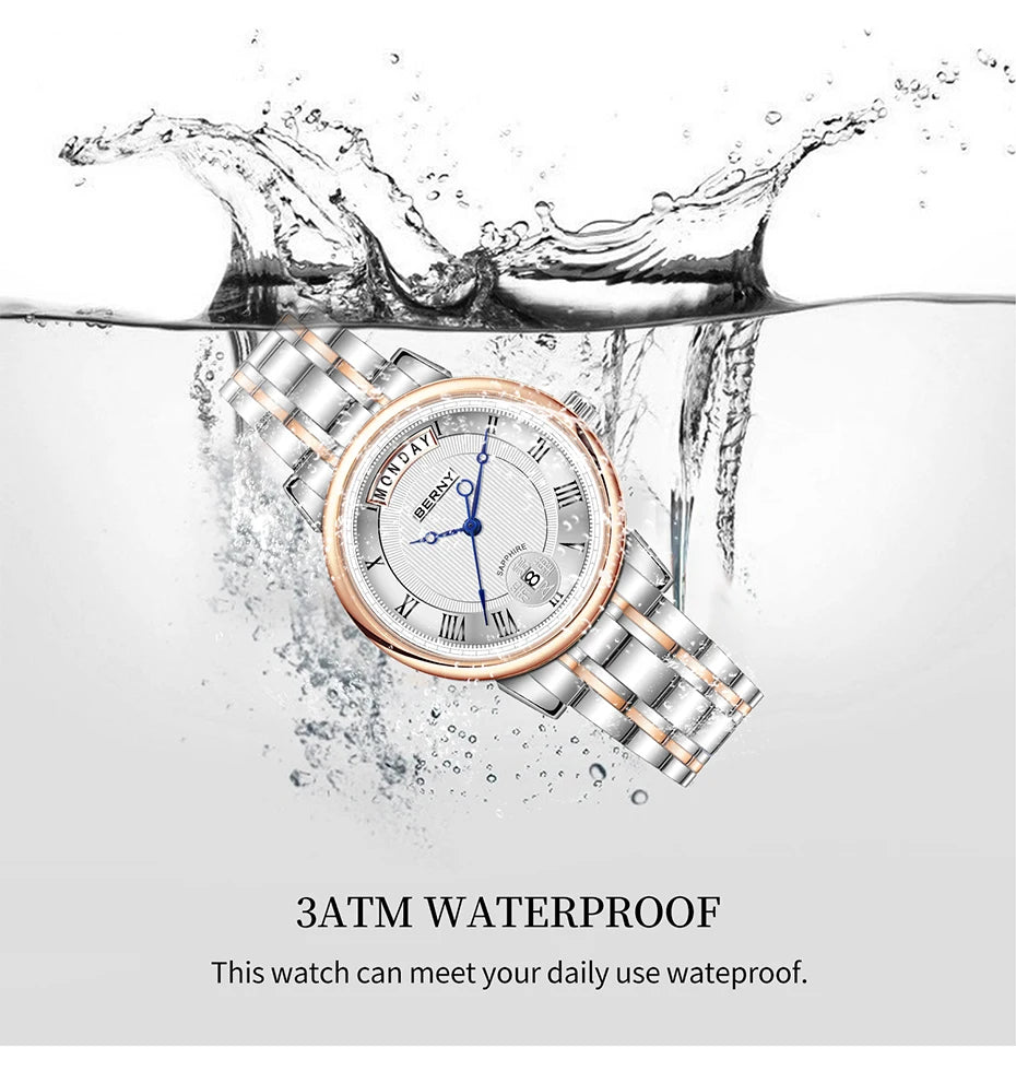 BERNY Women Watch Ladies Quartz Roman Numerals Day Date Calendar Watches Sapphire Glass Solid Steel Strap Women Wristwatch