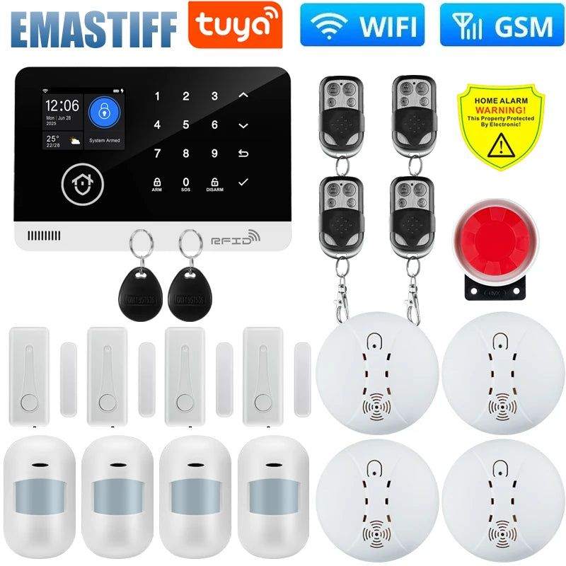 Wireless Tuya APP SIM GSM Home RFID Burglar Security LCD Touch Keyboard WIFI GSM Alarm System Sensor kit Russian,Spanish Voice