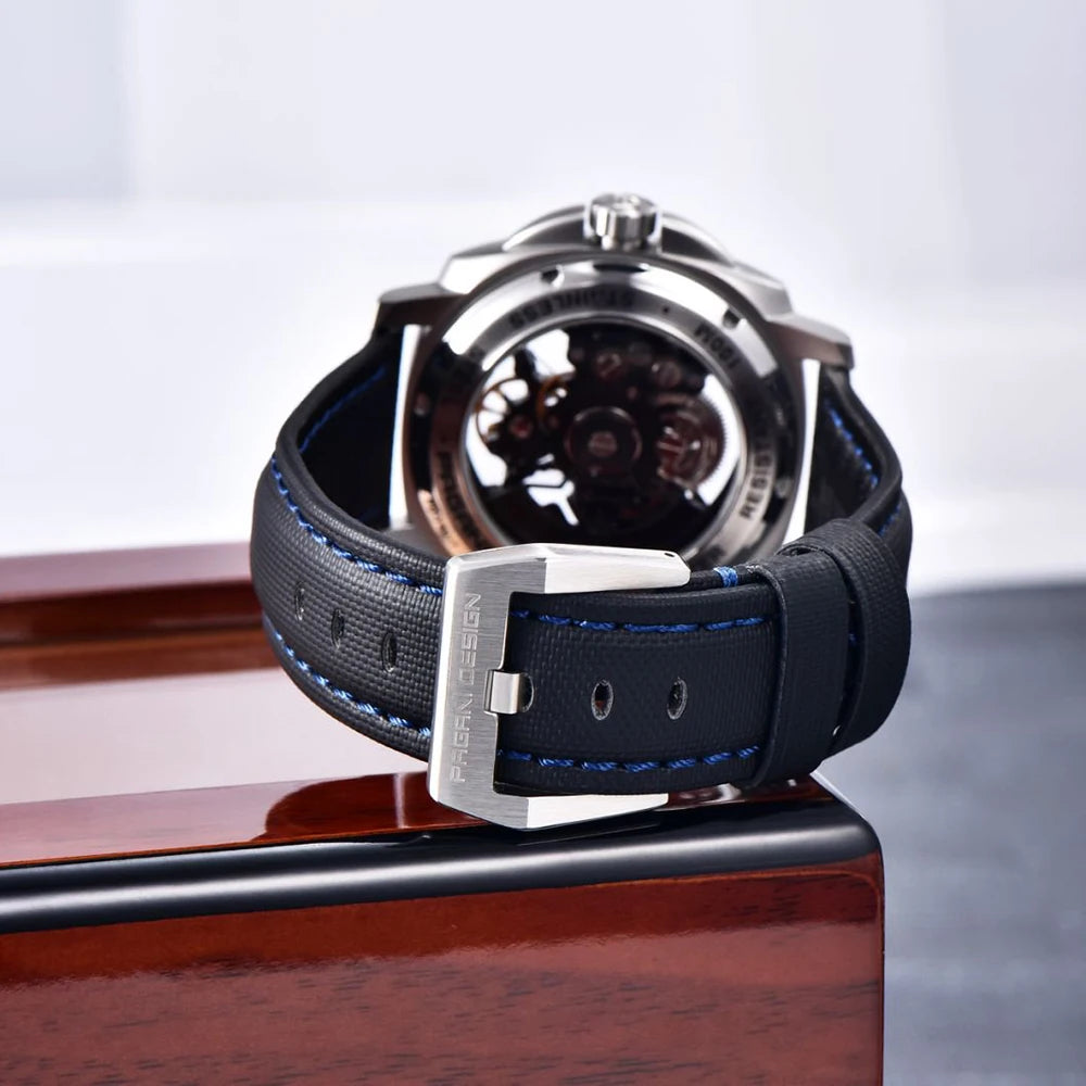 PAGANI DESIGN Herren Sportuhr, mechanische Automatik, quadratisches Design, Leder, wasserdicht, leuchtend, Geschenkidee für Feste, Herrenuhr + Box