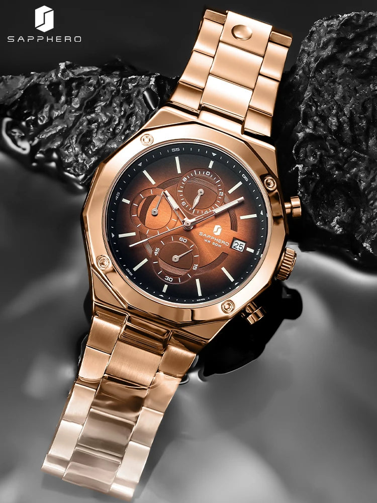 SAPPHERO Rose gold Watch Mens Watch Luxury  Stainless Steel Quartz Watch Business Waterproof Luminous Calendar Wristwatch Gift
