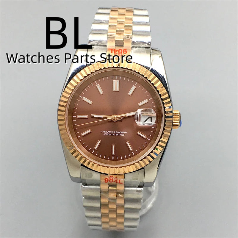 BLIGER Luxury Brown Dial Diamond Time Marks Watches For Men 36mm39mm Two Tone Rose Gold NH35 Movement Sapphire Glass Waterproof