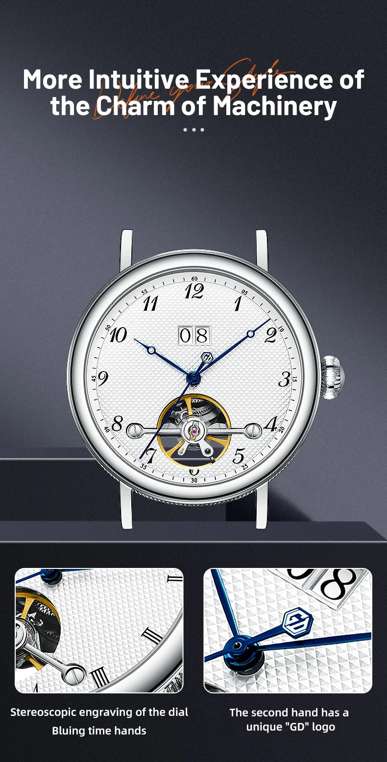 Montre homme haut de gamme Flywheel, montre de luxe à cadran Clous de Paris, étanche à 5 bars, mouvement mécanique automatique Seagull.