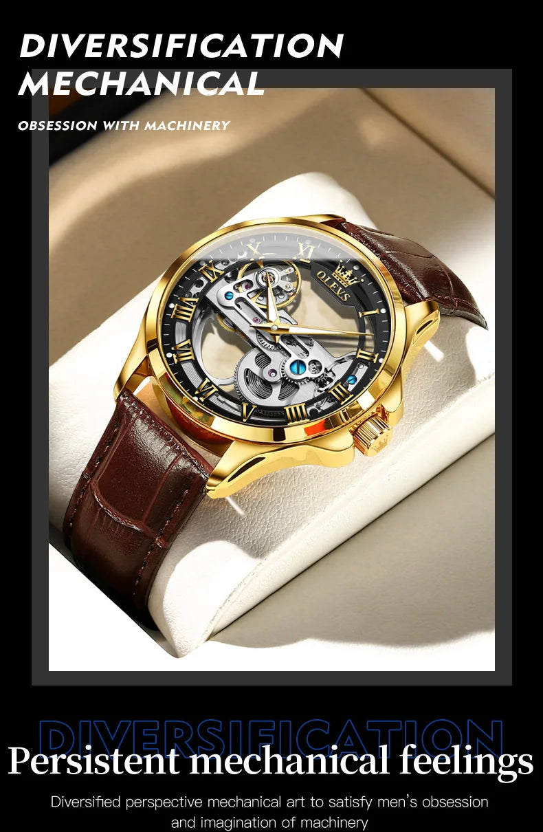 OLEVS Trend Fashion Men's Watches Casual Leather Strap Hollow Out Self-winding Movement Original Automatic Mechanical Wristwatch
