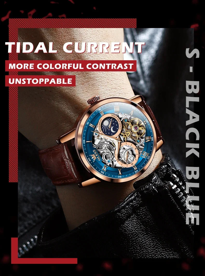 OLEVS 6670 Mechanical Fashion Watch Genuine Leather Watchband Round-dial Moon Phase Month Display